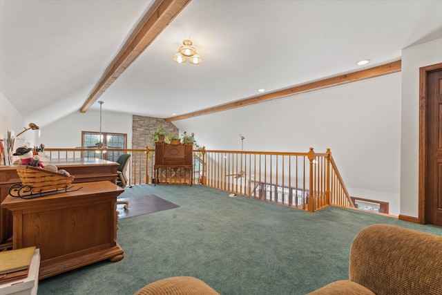 living area featuring lofted ceiling with beams, carpet floors, and a notable chandelier