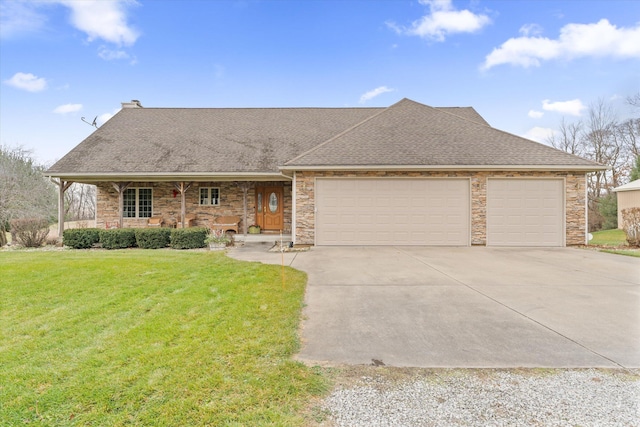 ranch-style home with a porch, a garage, and a front lawn