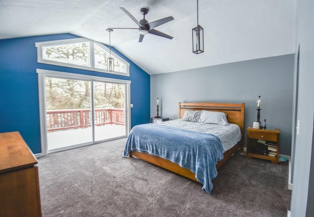 carpeted bedroom with access to outside, vaulted ceiling, and ceiling fan