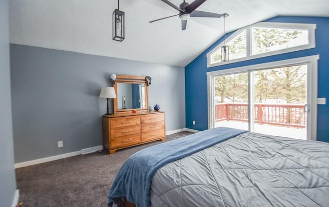 carpeted bedroom with ceiling fan, access to exterior, and lofted ceiling