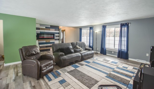 living room with a textured ceiling and hardwood / wood-style flooring