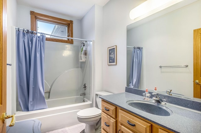 full bathroom featuring tile patterned flooring, shower / tub combo, vanity, and toilet