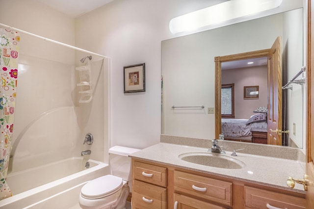 full bathroom featuring vanity, shower / bath combo, and toilet