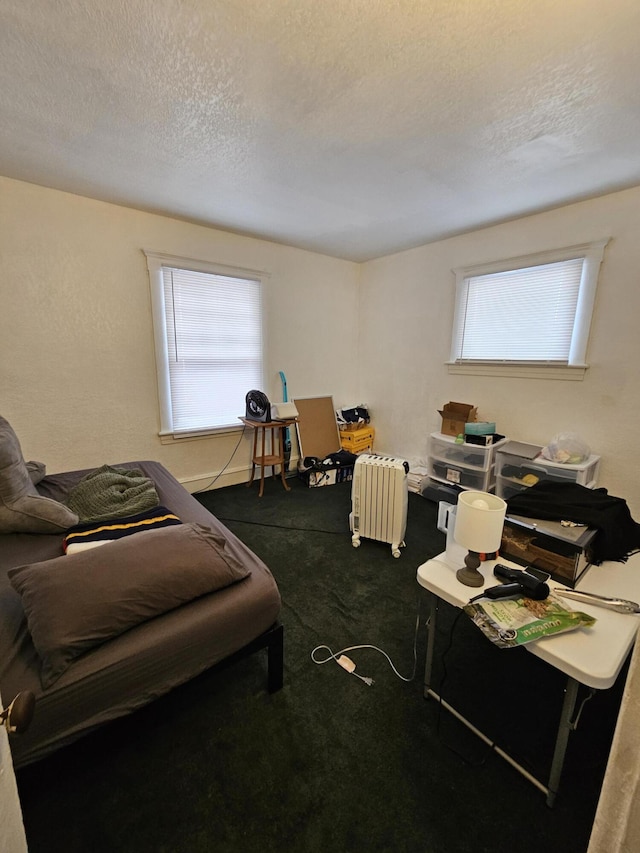 bedroom with carpet, a textured ceiling, and multiple windows