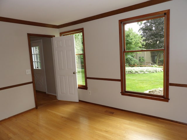 empty room featuring light hardwood / wood-style floors and ornamental molding