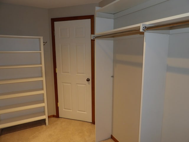 walk in closet featuring light carpet