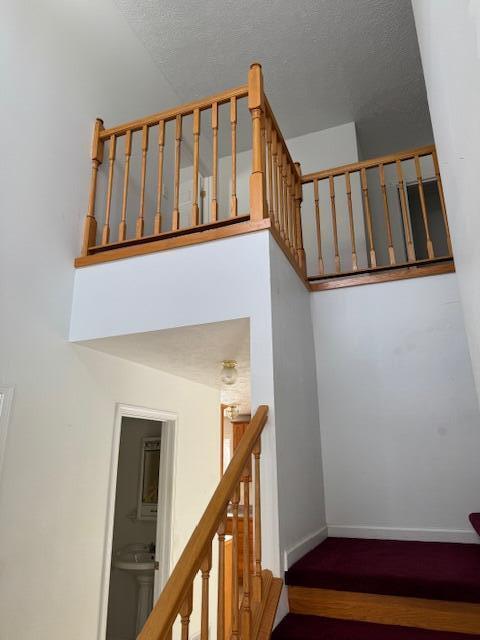 staircase with wood-type flooring and sink