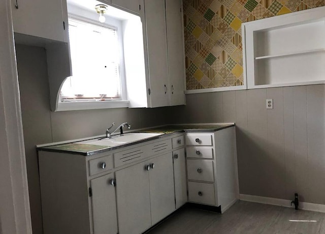 kitchen featuring dark hardwood / wood-style flooring, sink, and white cabinets