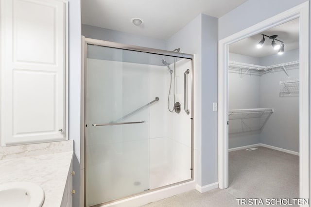 bathroom with vanity and a shower with shower door