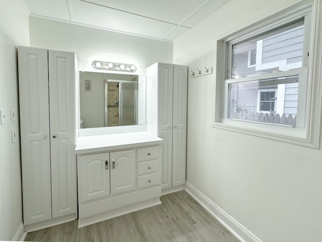 bathroom featuring hardwood / wood-style floors, vanity, and an enclosed shower