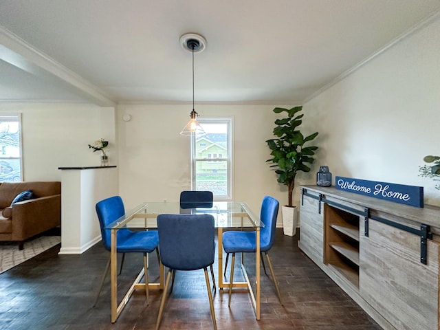 dining space with dark hardwood / wood-style flooring and ornamental molding