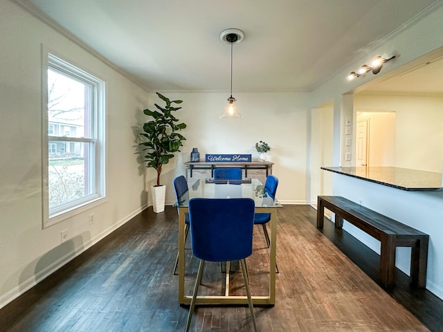 dining space with crown molding and dark wood-type flooring