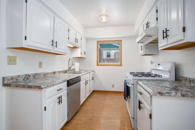 kitchen featuring white gas range, sink, light hardwood / wood-style flooring, stainless steel dishwasher, and white cabinets