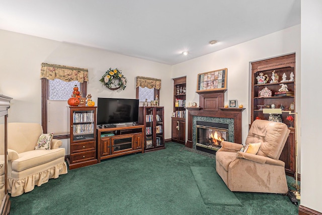 carpeted living room featuring a fireplace