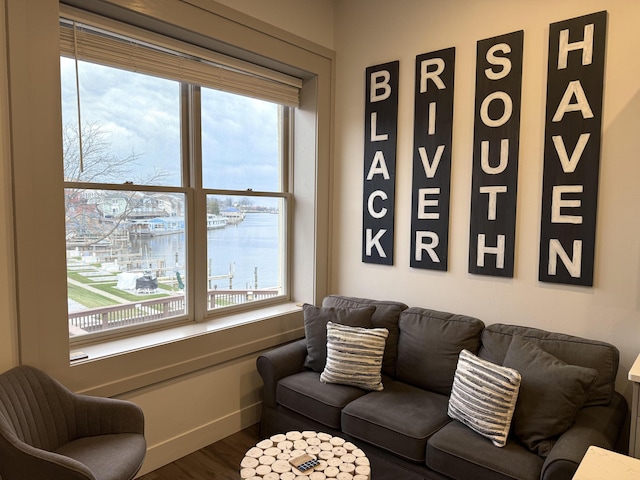 living room with a water view and dark wood-type flooring