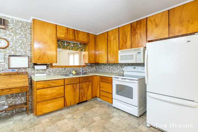 kitchen featuring decorative backsplash, white appliances, crown molding, and sink