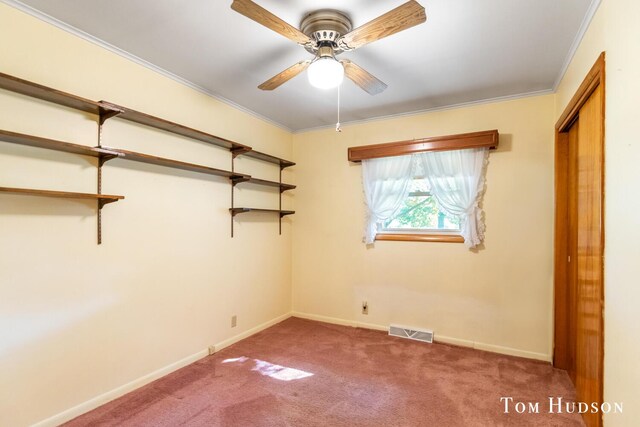 carpeted empty room with ceiling fan and crown molding