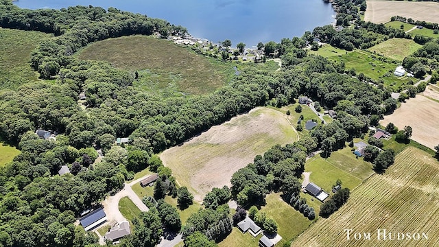 bird's eye view featuring a rural view and a water view