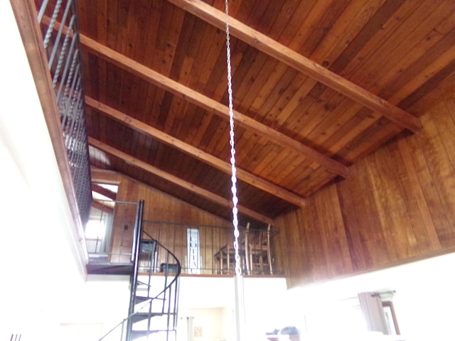 room details featuring wooden ceiling, beam ceiling, and wooden walls