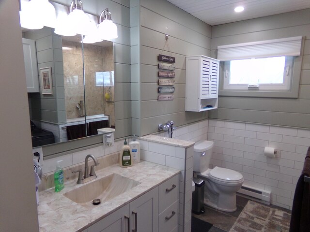 bathroom featuring toilet, walk in shower, a baseboard radiator, decorative backsplash, and vanity