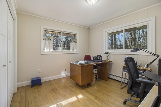 7293 M-116, Ludington, MI 49431 - office area featuring light wood-type flooring, baseboards, crown molding, and a baseboard radiator