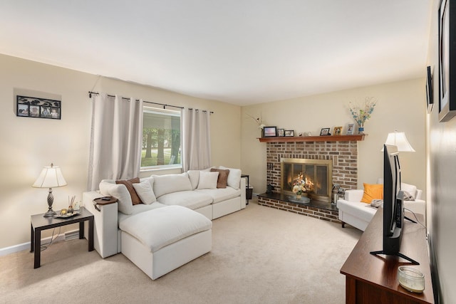 living room with light carpet and a fireplace