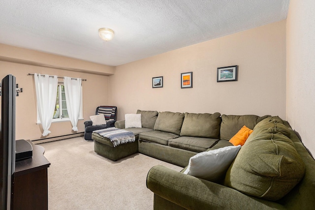 carpeted living room featuring a textured ceiling and a baseboard radiator