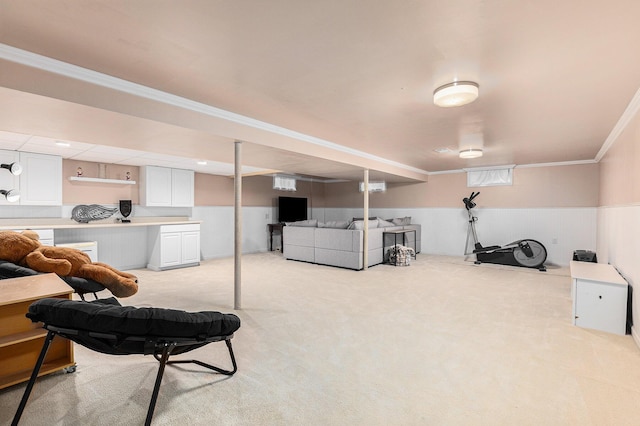 interior space with light colored carpet and ornamental molding