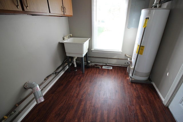 interior space with dark hardwood / wood-style floors, gas water heater, sink, and electric panel