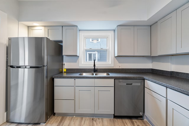 kitchen with gray cabinetry, sink, light hardwood / wood-style floors, and appliances with stainless steel finishes