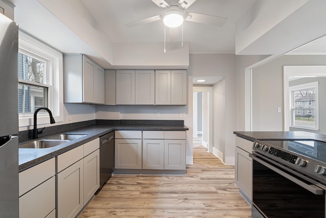 kitchen featuring light wood-type flooring, gray cabinetry, stainless steel appliances, ceiling fan, and sink