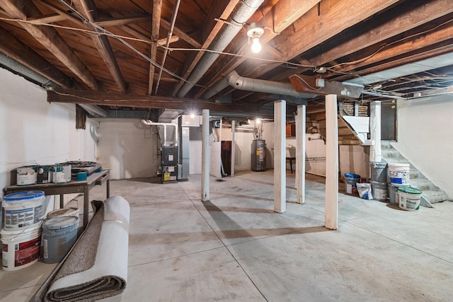 basement with heating unit and water heater