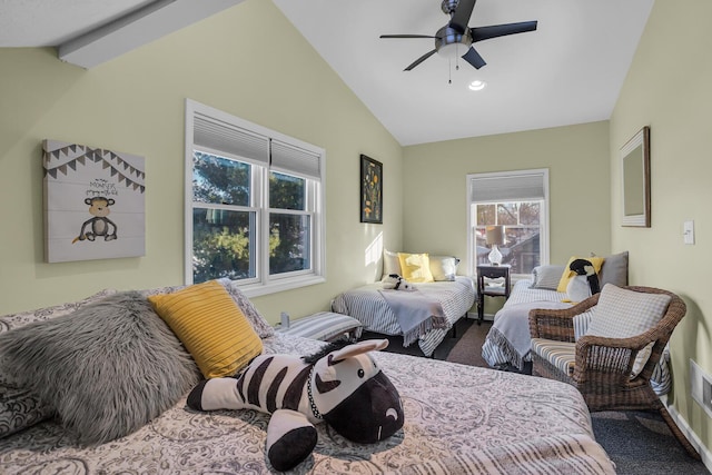 bedroom with ceiling fan, carpet floors, and lofted ceiling with beams