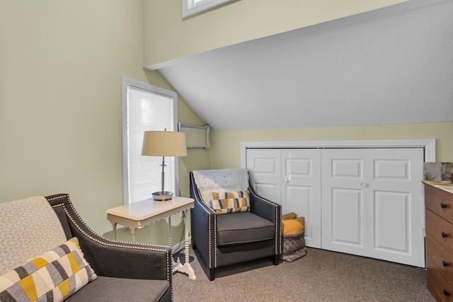 living area with dark carpet and lofted ceiling