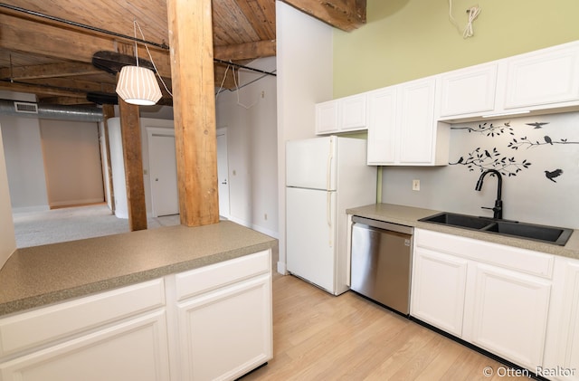 kitchen featuring stainless steel dishwasher, sink, white refrigerator, wooden ceiling, and light hardwood / wood-style floors