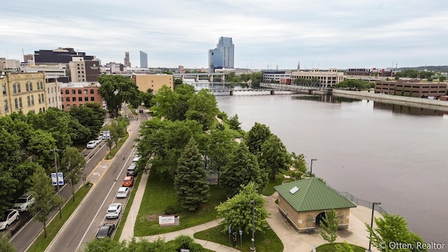 drone / aerial view with a water view