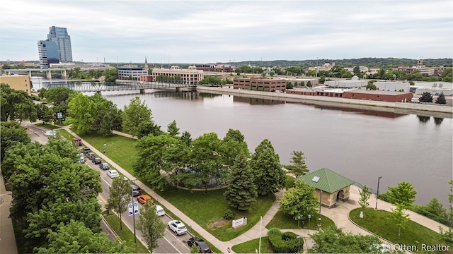 drone / aerial view with a water view