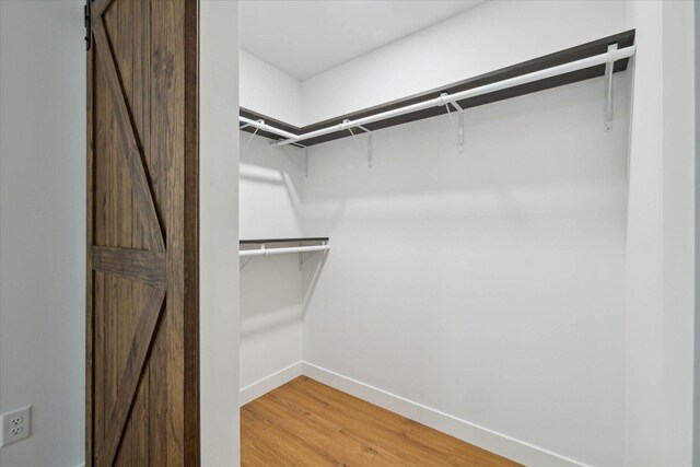 walk in closet featuring a barn door and hardwood / wood-style flooring