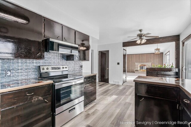 kitchen with backsplash, ceiling fan, a wealth of natural light, light hardwood / wood-style floors, and stainless steel appliances