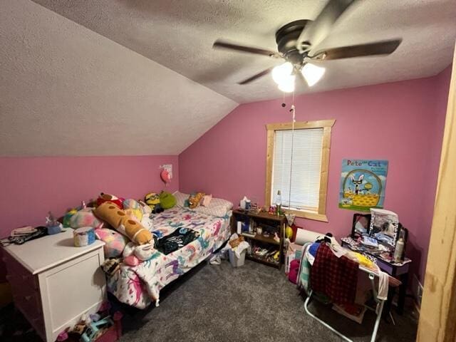 bedroom with a textured ceiling, dark carpet, ceiling fan, and lofted ceiling