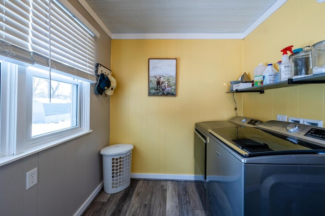 washroom with washing machine and clothes dryer, wood walls, dark hardwood / wood-style flooring, and ornamental molding