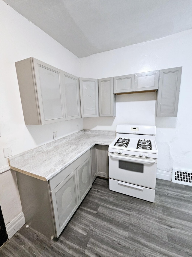 kitchen with gray cabinets, dark wood-type flooring, and gas range gas stove