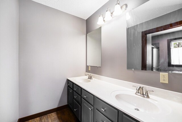 bathroom featuring vanity, wood-type flooring, and a textured ceiling