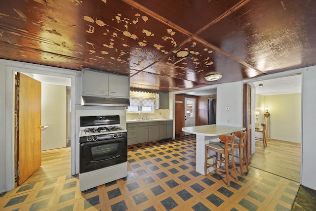 kitchen with sink, white gas stove, and gray cabinetry