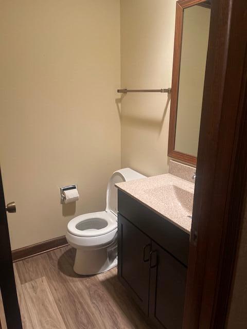 bathroom featuring hardwood / wood-style flooring, vanity, and toilet