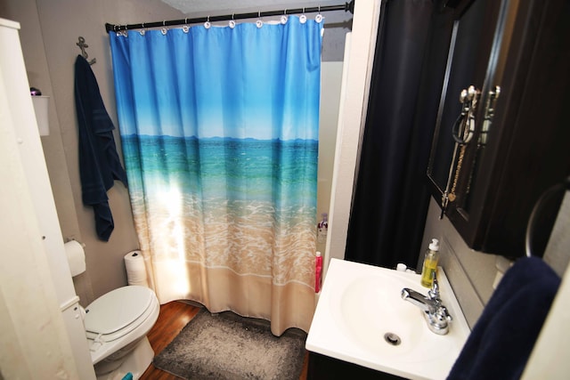 full bathroom featuring vanity, wood-type flooring, shower / tub combo, and toilet