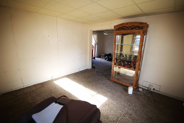 carpeted empty room featuring a drop ceiling