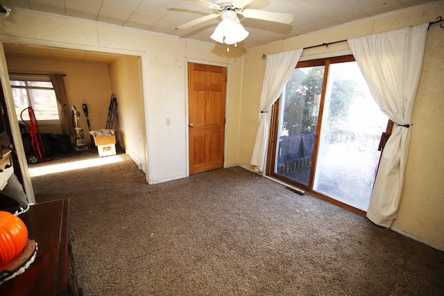 spare room featuring carpet flooring, ceiling fan, and a wealth of natural light