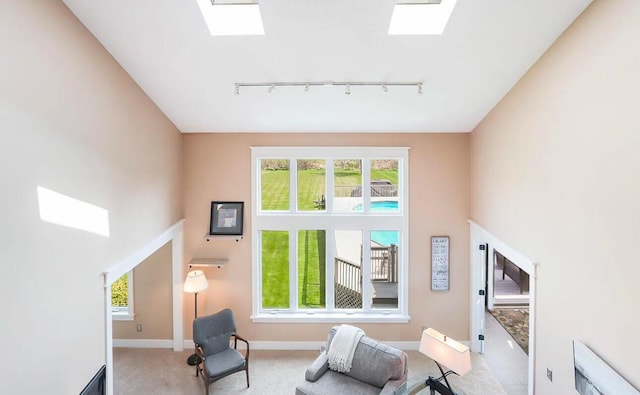 living area with a healthy amount of sunlight, a skylight, light carpet, and track lighting