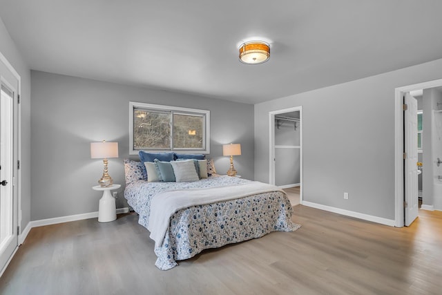 bedroom with wood-type flooring, a spacious closet, and a closet